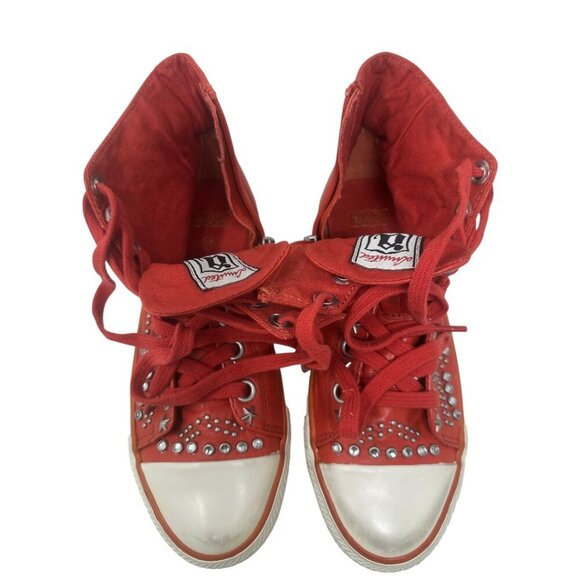 ASH Red Soft Leather High Top Sneakers Silver Studded Stars Distressed Toe 7 Y2K - Picture 9 of 13